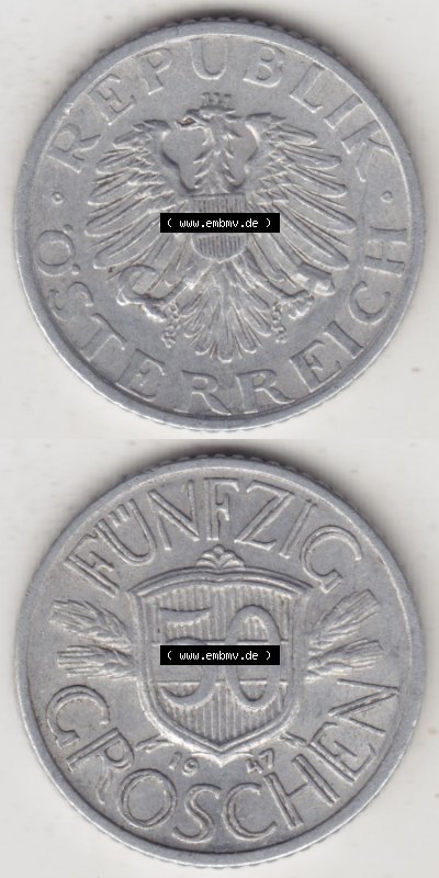Münzen Österreich / Austria Eurovorläufer, Umlaufmünze vor Euroeinführung 1946-1955, 50 Groschen 1947 I. (4) Sammlung