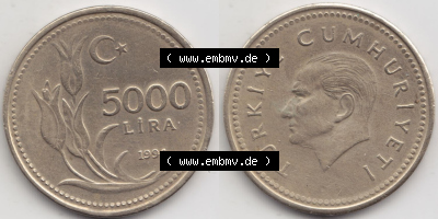 Münzen Türkei / Türkiye Eurovorläufer, Umlaufmünze vor Euroeinführung 1992-1994, 5000 Lira - Lire (3) Sammlung