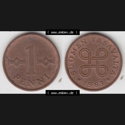 Münzen Finnland / SUOMI Eurovorläufer, Umlaufmünze vor Euroeinführung 1963-1969, 1 Penni. Rückseite und Vorderseite horizontal nebeneinander zusammengefügt,... Sammlung