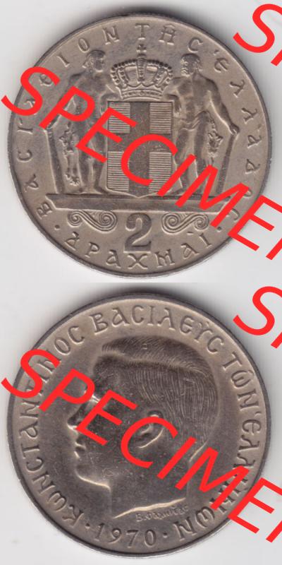 Münzen Griechenland Eurovorläufer, Umlaufmünze vor Euroeinführung 1970, 2 Apaxmai, Drachmen. VS+RS auf einen Bild/Foto,, untereinander... Sammlung