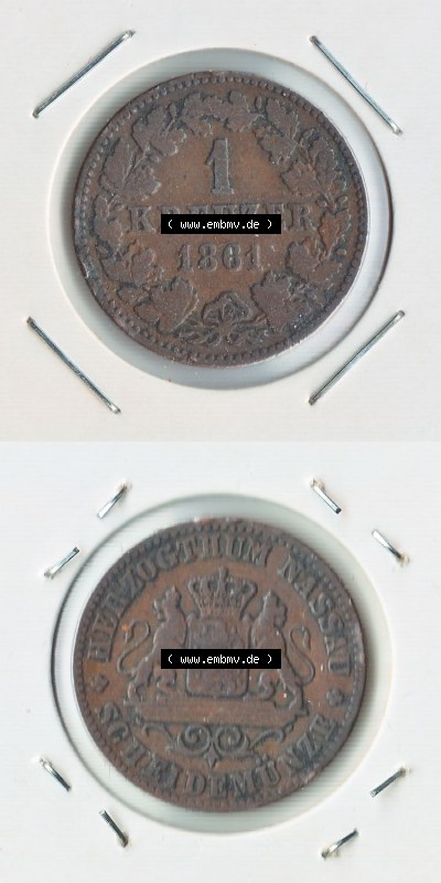Münzen Deutschland, Altdeutschland 1861, 1 Kreuzer Nassau (3) Sammlung