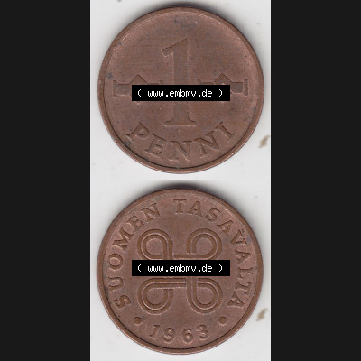 Münzen Finnland / SUOMI Eurovorläufer, Umlaufmünze vor Euroeinführung 1963-1969, 1 Penni 1963. Rückseite und Vorderseite vertikal untereinander für... Sammlung