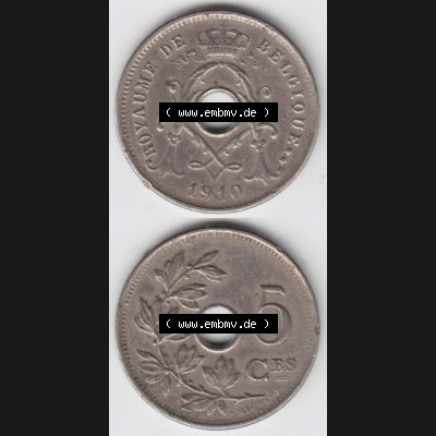 Münzen Belgien Eurovorläufer, Umlaufmünze vor Euroeinführung 1910-1932, 5 Ces, Centimes Koninkrijk Belgie (4) Sammlung