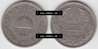 Münzen Ungarn / Magyarország Eurovorläufer, Umlaufmünze vor Euroeinführung 1892-1914, 1 Filler 1893 (3) Sammlung