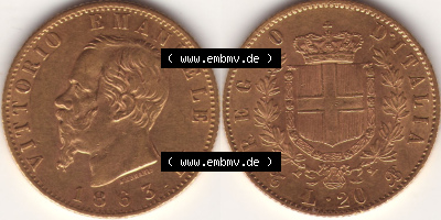 Münzen Italien / Italia Eurovorläufer, Umlaufmünze vor Euroeinführung 1861-1870, 20 Lire Vittorio Emanuele I. Goldmünze 1863... Sammlung