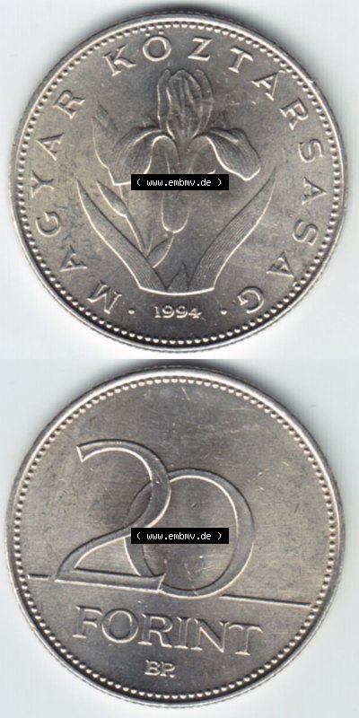 Münzen Ungarn / Magyarország Eurovorläufer, Umlaufmünze vor Euroeinführung 1992-2011, 002000, 20 Forint 1994 (4) Sammlung