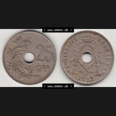 Münzen Belgien Eurovorläufer, Umlaufmünze vor Euroeinführung 1910-1929, 25 Cen, 1913 Centimes Koninkrijk Belgie (3) Sammlung