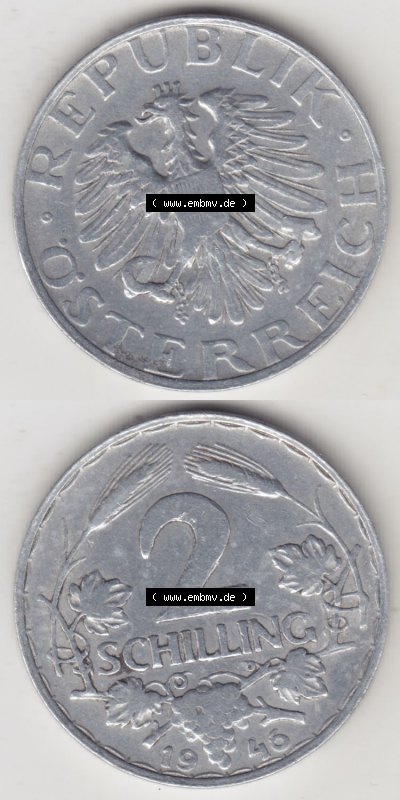 Münzen Österreich / Austria Eurovorläufer, Umlaufmünze vor Euroeinführung 1946-1952, 2 Schilling 1946 (4) Sammlung