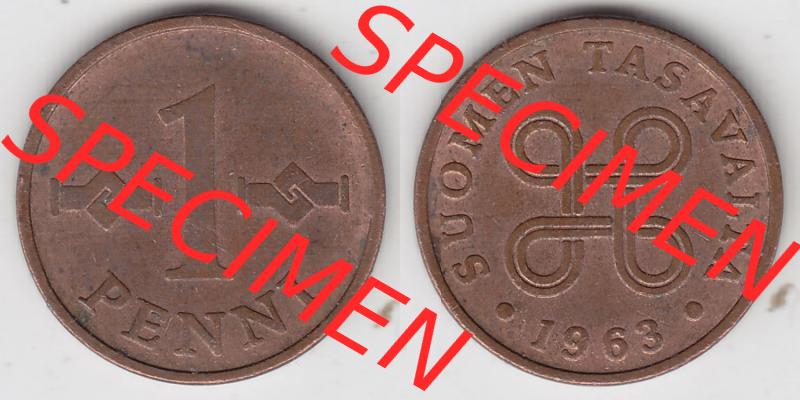 Münzen Finnland / SUOMI Eurovorläufer, Umlaufmünze vor Euroeinführung 1963-1969, 1 Penni. Rückseite und Vorderseite horizontal nebeneinander zusammengefügt,... Sammlung