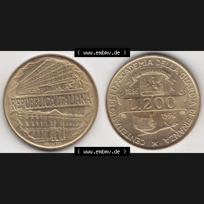 Münzen Italien / Italia Eurovorläufer, Umlaufmünze vor Euroeinführung 1996-1996, 200 Lire Zollakademie (3) Sammlung