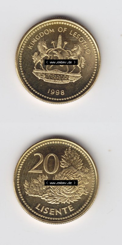 Münzen aus Afrika Lesotho Umlaufmünze 1998-2023, 20 Lisente 1998 (4) Sammlung