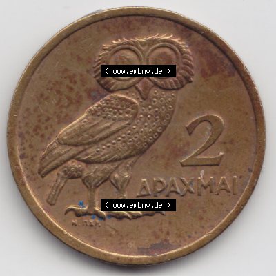 Münzen Griechenland Eurovorläufer, Umlaufmünze vor Euroeinführung 1973, 2 Apaxmai, Drachmen. Vorderseite einer Münze aus Griechenland in Europa als Digitales... Sammlung