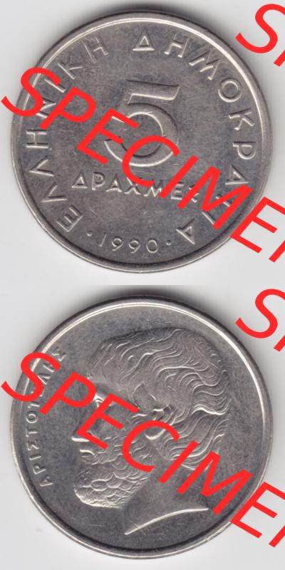 Münzen Griechenland Eurovorläufer, Umlaufmünze vor Euroeinführung 1990, 5 Apaxmee, Drachmen. VS+RS auf einen Bild/Foto,, untereinander... Sammlung