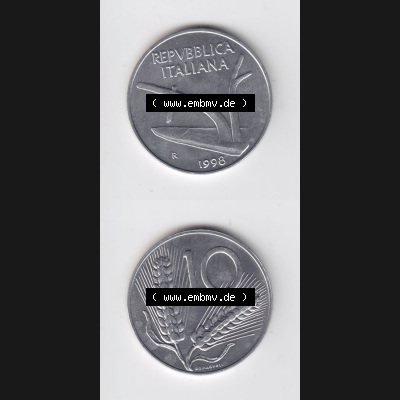 Münzen Italien / Italia Eurovorläufer, Umlaufmünze vor Euroeinführung 1951-2001, 10 Lira bzw. Lire 1998 (4) Sammlung