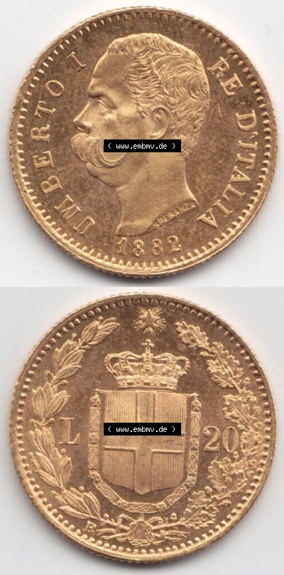 Münzen Italien / Italia Eurovorläufer, Umlaufmünze vor Euroeinführung 1880-1897, 20 Lire Umberto I. Goldmünze 1882 (4) Sammlung