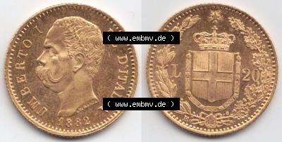 Münzen Italien / Italia Eurovorläufer, Umlaufmünze vor Euroeinführung 1880-1897, 20 Lire Umberto I. Goldmünze 1882 (3) Sammlung