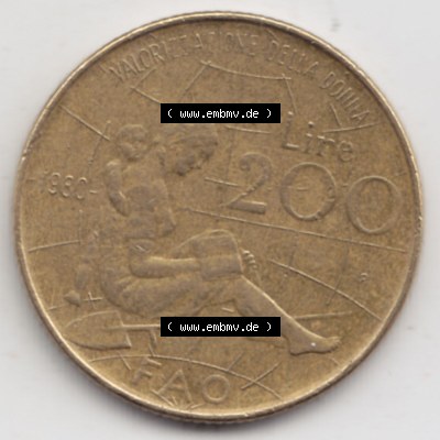 Münzen Italien / Italia Eurovorläufer, Umlaufmünze vor Euroeinführung 1980-1980, 200 Lire FAO - Internationales Jahr der Frau (1) Sammlung