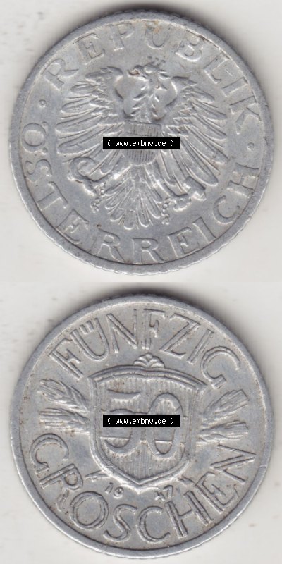 Münzen Österreich / Austria Eurovorläufer, Umlaufmünze vor Euroeinführung 1946-1955, 50 Groschen 1947 II. (4) Sammlung