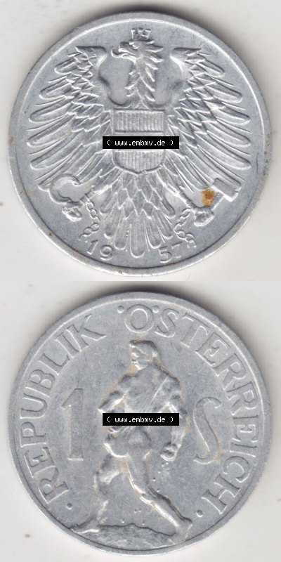 Münzen Österreich / Austria Eurovorläufer, Umlaufmünze vor Euroeinführung 1946-1957, 1 Schilling 1957 (4) Sammlung
