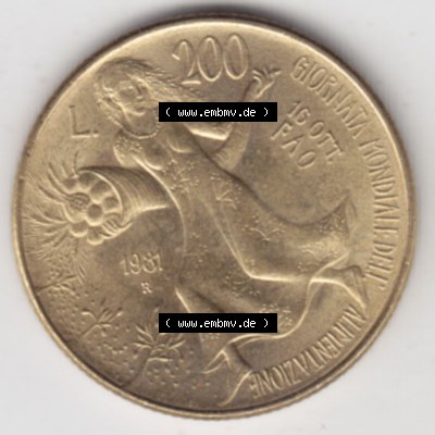 Münzen Italien / Italia Eurovorläufer, Umlaufmünze vor Euroeinführung 1981-1981, 200 Lire FAO - Welternährungstag (1) Sammlung