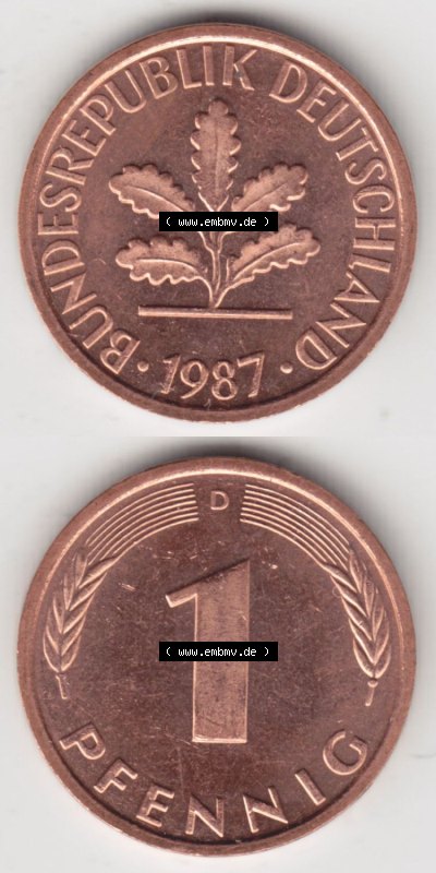 Münzen Deutschland 1 Pfennig-Deutsche Mark 1950-2001, 1 Pfennig 1987 D. Vorderseite und Rückseite in vertikaler Ansicht, einer... Sammlung