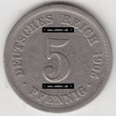 Münzen Deutschland 1871-1918 Kaiserreich 1890-1915, 5 Pfennig A, 1905 (1) Sammlung