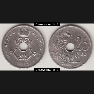 Münzen Belgien Eurovorläufer, Umlaufmünze vor Euroeinführung 1908-1908, 25 Centime - Cen - BELGIË (3) Sammlung