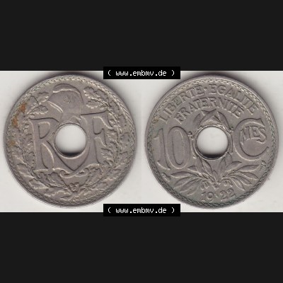 Münzen Frankreich Eurovorläufer, Umlaufmünze vor Euroeinführung 1917-1938, 10 Centimes, RF - Frankreich 10 CMES EGALITÉ FRATERNITÉ LIBERTÉ 1922-2.... Sammlung
