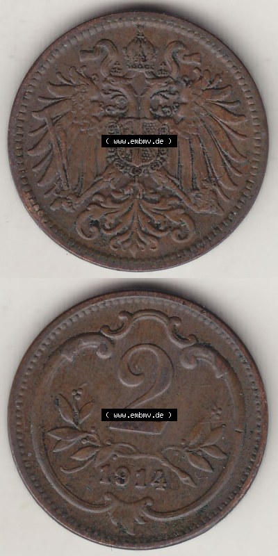 Münzen Österreich / Austria Eurovorläufer, Umlaufmünze vor Euroeinführung 1892-1915, 2 Heller 1914 (4) Sammlung