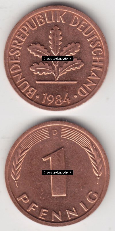 Münzen Deutschland 1 Pfennig-Deutsche Mark 1950-2001, 1 Pfennig 1984 D. Vorderseite und Rückseite in vertikaler Ansicht, einer... Sammlung