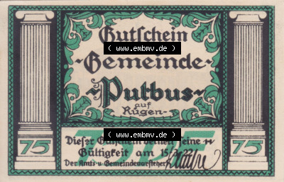 Notgeldscheine aus Putbus 1922, 75 Pfennig III (1) Sammlung
