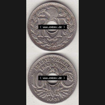 Münzen Frankreich Eurovorläufer, Umlaufmünze vor Euroeinführung 1917-1938, 10 Centimes, 10 CMES EGALITÉ FRATERNITÉ LIBERTÉ 1931-2. Rückseite... Sammlung