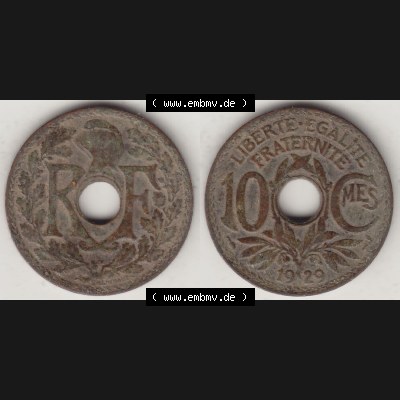 Münzen Frankreich Eurovorläufer, Umlaufmünze vor Euroeinführung 1917-1938, 10 Centimes, 10 CMES EGALITÉ FRATERNITÉ LIBERTÉ 1929-1. Rückseite... Sammlung