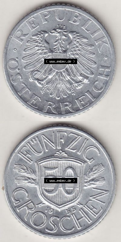Münzen Österreich / Austria Eurovorläufer, Umlaufmünze vor Euroeinführung 1946-1955, 50 Groschen 1955 (4) Sammlung