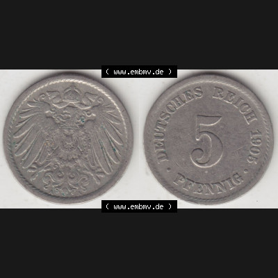 Münzen Deutschland 1871-1918 Kaiserreich 1890-1915, 5 Pfennig A, 1905 (3) Sammlung