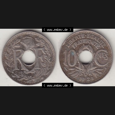 Münzen Frankreich Eurovorläufer, Umlaufmünze vor Euroeinführung 1917-1938, 10 Centimes, 10 CMES EGALITÉ FRATERNITÉ LIBERTÉ 1924-1. Rückseite... Sammlung