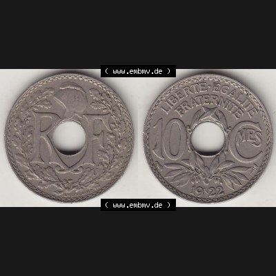 Münzen Frankreich Eurovorläufer, Umlaufmünze vor Euroeinführung 1917-1938, 10 Centimes, RF - Frankreich 10 CMES EGALITÉ FRATERNITÉ LIBERTÉ 1922-1.... Sammlung