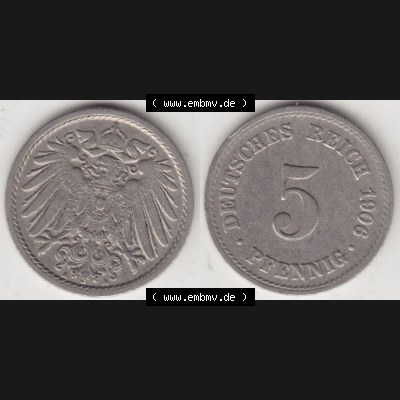Münzen Deutschland 1871-1918 Kaiserreich 1890-1915, 5 Pfennig A, 1906 (3) Sammlung