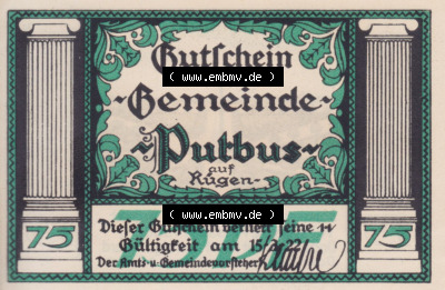 Notgeldscheine aus Putbus 1922, 75 Pfennig IV (1) Sammlung