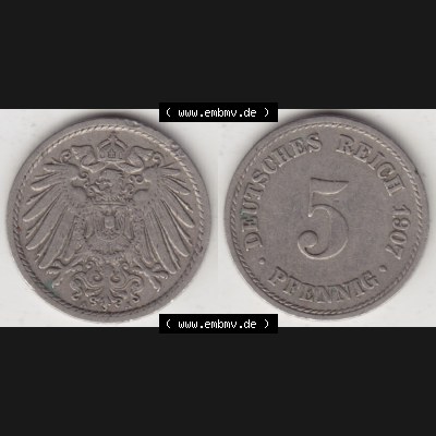 Münzen Deutschland 1871-1918 Kaiserreich 1890-1915, 5 Pfennig A, 1907 I. (3) Sammlung