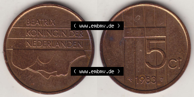Münzen Niederlande / Netherlands Eurovorläufer, Umlaufmünze vor Euroeinführung 1982-2001, 5 Ct Cent 1983 (Stück 2) Königin... Sammlung