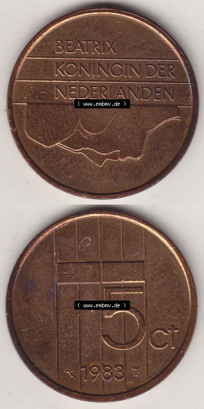 Münzen Niederlande / Netherlands Eurovorläufer, Umlaufmünze vor Euroeinführung 1982-2001, 5 Ct Cent 1983 (Stück 2) Königin... Sammlung