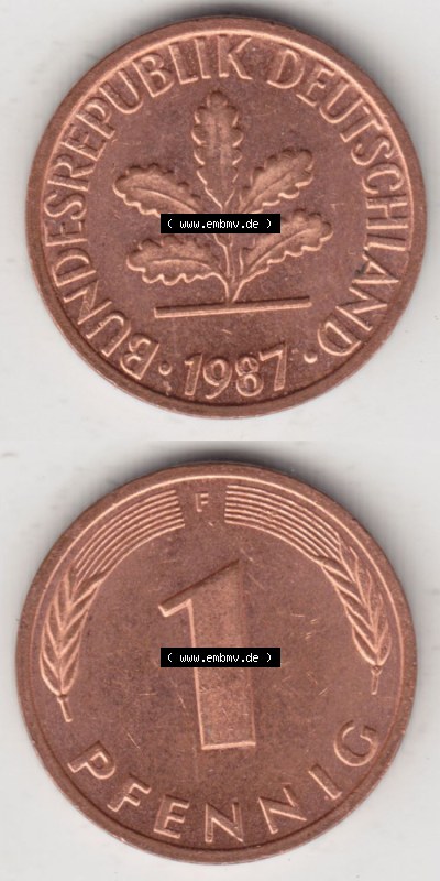 Münzen Deutschland 1 Pfennig-Deutsche Mark 1950-2001, 1 Pfennig 1987 F. Vorderseite und Rückseite in vertikaler Ansicht, einer... Sammlung