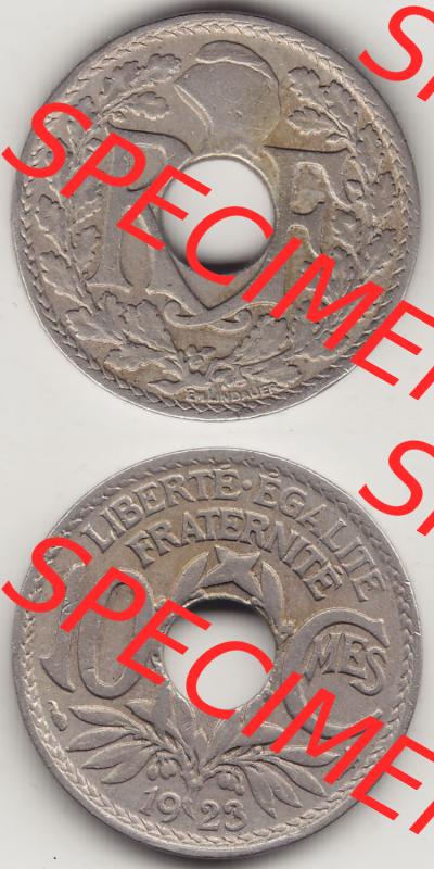 Münzen Frankreich Eurovorläufer, Umlaufmünze vor Euroeinführung 1917-1938, 10 Centimes - Cmes 1923. Vorderseite und Rückseite Vertikal Untereinander, passend... Sammlung