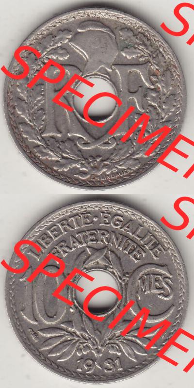 Münzen Frankreich Eurovorläufer, Umlaufmünze vor Euroeinführung 1917-1938, 10 Centimes, 10 CMES EGALITÉ FRATERNITÉ LIBERTÉ 1931-2. Rückseite... Sammlung