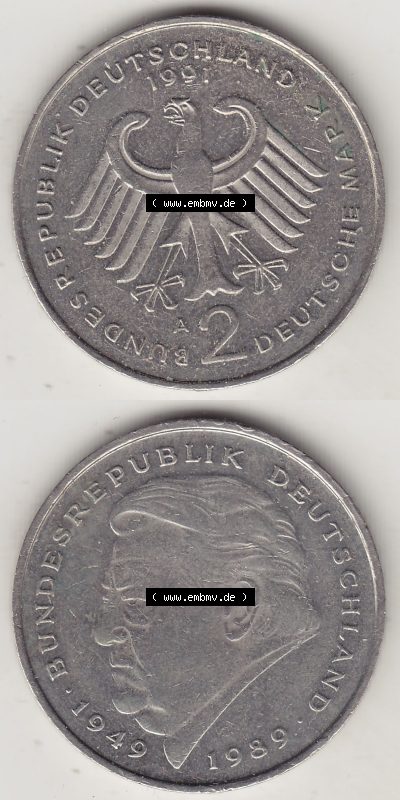BRD Münzen 2 DM Gedenkmünze 1991-2001, 2 DM, Deutsche Mark Franz Josef Strauß 1991 A-1. Vorderseite und Rückseite auf einen... Sammlung