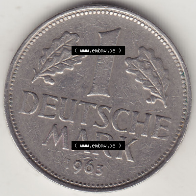 BRD Münzen 1 DM, Umlaufmünze 1950-2001, 1 DM Deutsche Mark, 1963 G-1. Rückseite der Münze aus Deutschland Sammlung