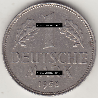BRD Münzen 1 DM, Umlaufmünze 1950-2001, 1 DM Deutsche Mark, 1958 G-1. Rückseite der Münze aus Deutschland Sammlung