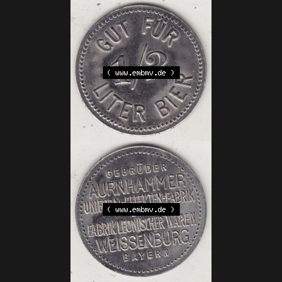 Alte Biermarken Allgemein Gut für 1/2 Liter Bier, Gebrüder Aurnhammer Uniform-EEEEKTEN-Fabrik, Bayern. Vorderseite und Rückseite vertikal untereinander zusammengefügt... Sammlung