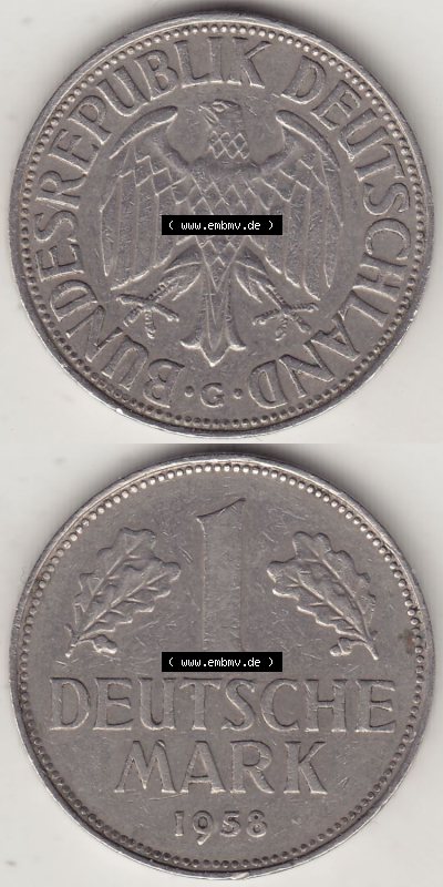 BRD Münzen 1 DM, Umlaufmünze 1950-2001, 1 DM Deutsche Mark, 1958 G-1. Vorderseite und Rückseite auf einen digitalen Bild /... Sammlung